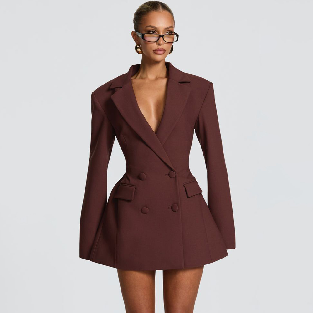 Women Formal Wear Blazer Set - Vestido Blazer Feminino Elegante Marrom Evasê