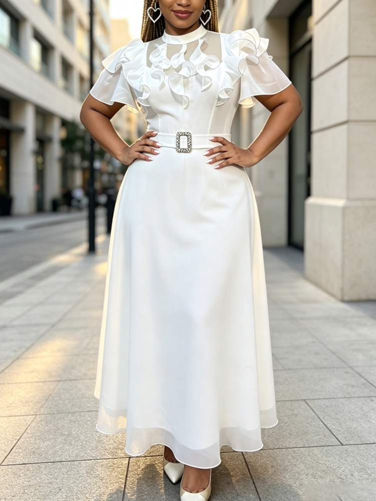 Women'S Semi Formal Evening Wear - Vestido Midi de Chiffon Branco Semiformal