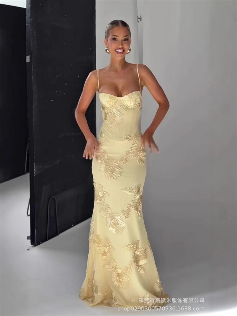 Women'S Holiday Formal Wear - Amarelo bordado feminino vestido de baile